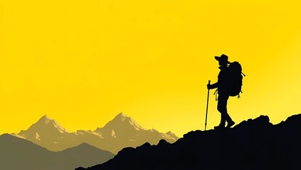 Silhouette of Hiker Climbing Mountain Against Golden Sky