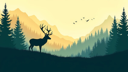 Majestic Stag Silhouette Mountain Forest Sunset Vista