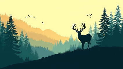 Majestic Deer Stands Tall Over Misty Forest Landscape