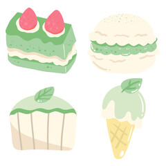 Matcha Dessert Clipart Set, Cute Green Tea Cake Macaron Cupcake Ice Cream Illustration, Pastel Food Art