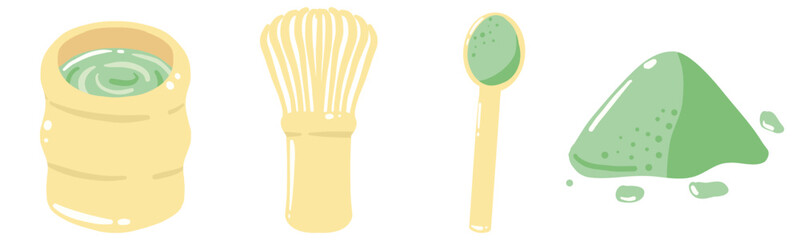 Matcha Tools Clipart Set, Bamboo Whisk Scoop Powder and Tea Cup Illustration, Japanese Tea Ceremony Elements