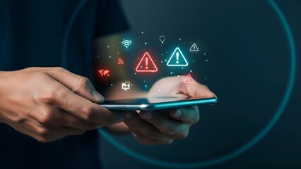 Cybersecurity concept with a user receiving a virus alert and security warnings on their mobile phone