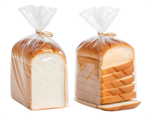 Two loaves of white bread in clear plastic bags with brown ties loaf sliced bread
