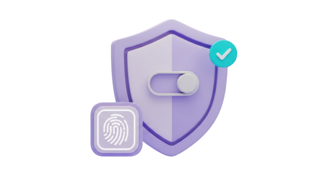 3D Security Shield with Fingerprint and Toggle Switch isolated on a transparent background