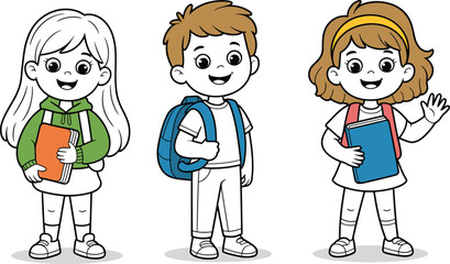 Cartoon children going to school with backpacks and books, cute boy and girls illustration, happy kids education learning design
