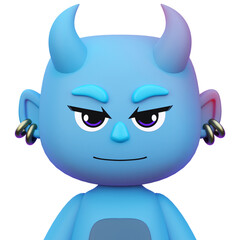 Blue Devil Cartoon Character with Horns and Purple Eyes in Transparent Background