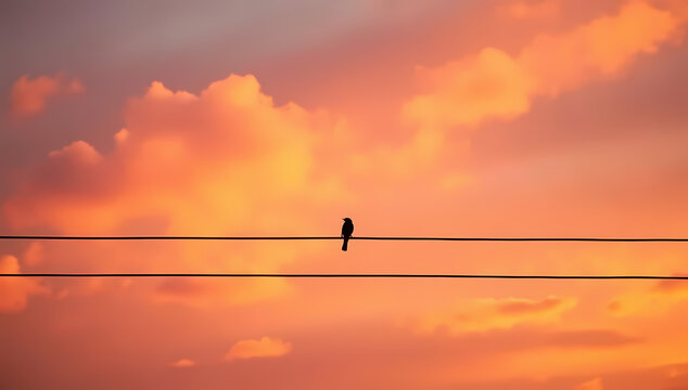 A solitary bird rests on power lines during a vibrant sunset - Powered by Adobe