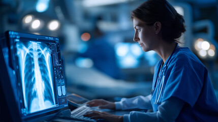 A radiologist performs a catheter based procedure with X ray imaging hyper realistic imaging screens with vivid details moody shadows in the surgical suite bright saturation