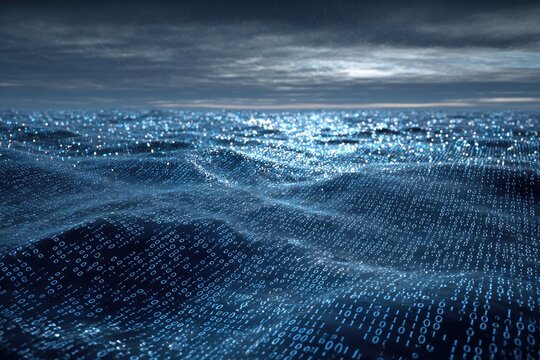 Digital ocean waves under a stormy sky