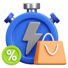 Blue Countdown Timer with Silver Lightning Bolt and Orange Shopping Bag on Transparent Background Rendered in 3D with Green Discount Coin Flash Sale