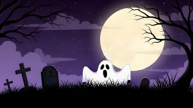 Halloween ghost in graveyard under full moon