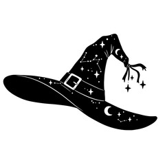 witch, hat, silhouette, vector, clipart, magic, Halloween, spooky, costume, wizard, moon, stars, night, fantasy, mystical, enchanted, charm, pointed, buckle, spell, potion, spellbook, broomstick, goth