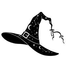 witch, hat, silhouette, vector, clipart, magic, Halloween, spooky, costume, wizard, moon, stars, night, fantasy, mystical, enchanted, charm, pointed, buckle, spell, potion, spellbook, broomstick, goth