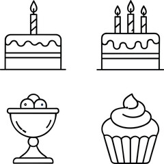 Dessert silhouette illustration featuring birthday cakes with candles, ice cream bowl, and cupcake, sweet celebration design perfect for party, holiday, food artwork