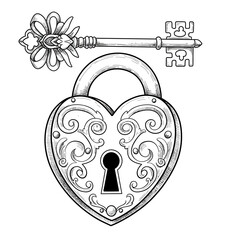 heart, lock, key, vector, clipart, lineart, sketch, vintage, romantic, love, drawing, ornate, illustration, symbol, relationship, padlock, metal, bow, ribbon, scrollwork, filigree, detailed, antique, 