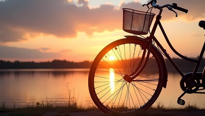 Bicycle silhouette against the sunset over tranquil lake