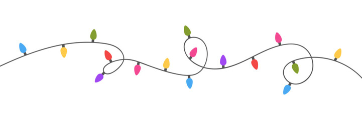 Christmas color light string garland frame. Holiday bright decoration. Fairy glowing colorful bulb. Led neon lamp banner. New Year luxury baubles. Celebration party. Vector illustration