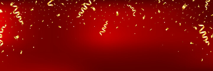 Christmas gold confetti falling frame. Anniversary background. Winner red banner. Birthday surprise. Prize celebrate. Bright glitter flying. Holiday party. Golden festive tinsel. Vector illustration