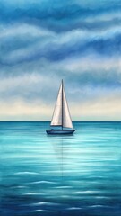 Fototapeta premium A serene sailboat glides across calm waters under a cloudy sky, creating a peaceful seascape scene
