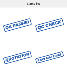 Rectangular Stamps Set Featuring Quality Control Phrases QA Passed, Raw Material, QC Check