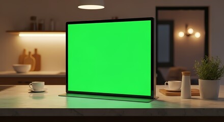 A laptop with a green screen sits on a kitchen counter, illuminated by warm ambient lighting.