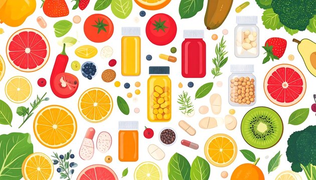 Colorful assortment of fruits, vegetables, and supplements