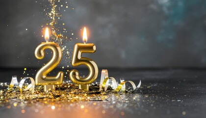 Golden candles forming the number 25 with ribbons and confetti on a blue background.