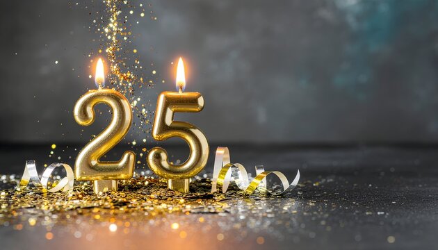 Golden candles forming the number 25 with ribbons and confetti on a blue background.
