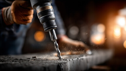 A worker drills concrete in an industrial setting hyper realistic drill bits with clear details moody shadows on the concrete bright saturation in construction tools concrete