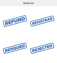 Rubber Stamps Set Featuring Refund, Registrar, Reissued, and Rejected in Blue on White