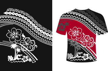 Polynesian Tribal T-Shirt Design Featuring Hibiscus Flowers and Geometric Motifs, New Zealand T-Shirt Maori People Of New Zealand Grunge Pattern, Traditional dress, traditional jersey, t shirt.