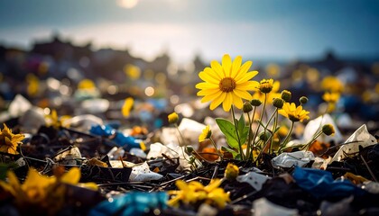 A vibrant yellow flower stands amidst a landscape of discarded plastic debris.  Sunlight filters through the scene