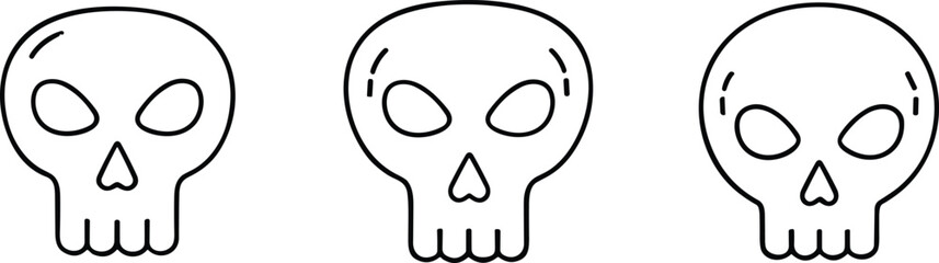 Set of three skull silhouette illustrations with unique variations, spooky horror design perfect for Halloween, gothic artwork, tattoo, decoration, vector