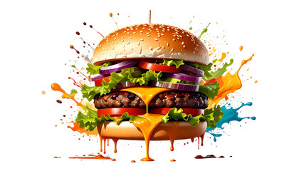 Delicious Double Cheeseburger with Dripping Cheese and Colorful Splashes.