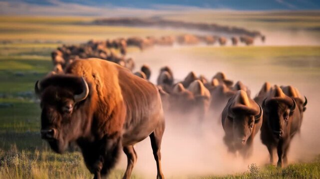 Bison Herd Running Across a Grassy Plain at Sunset Dust and Birds in Flight Aerial View