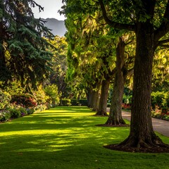 Lush garden pathway lined with trees