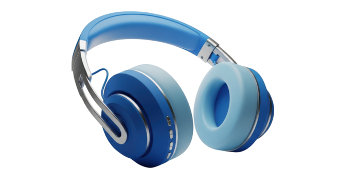 Blue and silver over-ear headphones with light blue accents isolated on a transparent background
