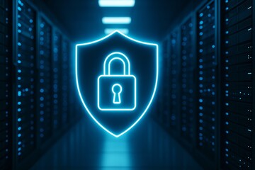 Glowing padlock shield icon symbolizes cybersecurity and data protection in a dark server room, representing digital safety and privacy