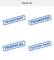 Set of Blue Rubber Stamps, Transcript, Transfer, Tropical, Tuition Paid on White