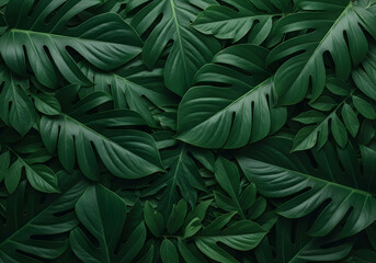 Fototapeta premium Nature's vibrant artistry unfolds in a dense tapestry of emerald green leaves, creating a refreshing and serene botanical backdrop perfect for diverse design applications