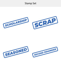 Set of Four Blue Rubber Stamp Designs with Words on White Transparent Background