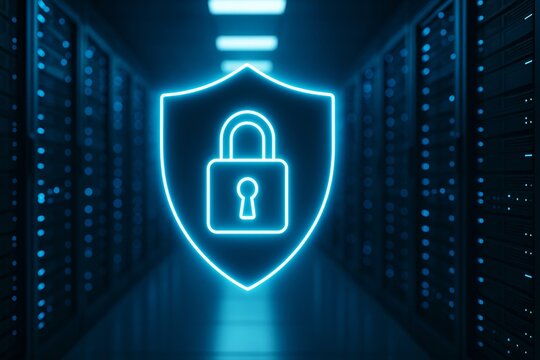 Glowing padlock shield icon symbolizes cybersecurity and data protection in a dark server room, representing digital safety and privacy - Powered by Adobe