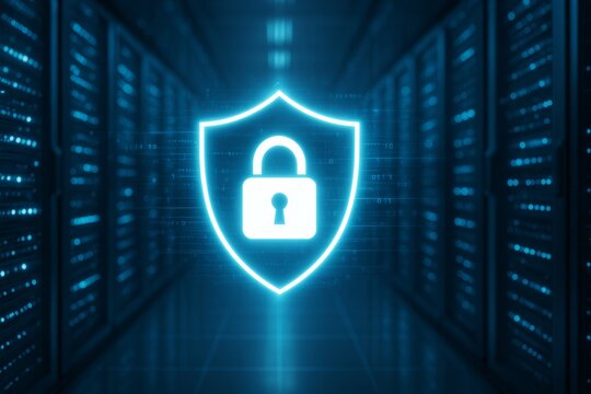Glowing padlock inside shield icon in center of dimly lit server room, digital style, dark tech background, representing data protection concept - Powered by Adobe