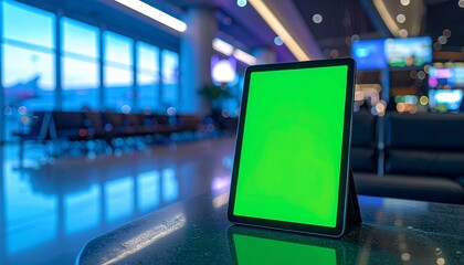 Tablet with a green screen mockup on a table in a modern airport terminal waiting lounge.