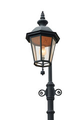 Vintage old-fashioned street lamp isolated on a white background with metal post and glass lantern design
