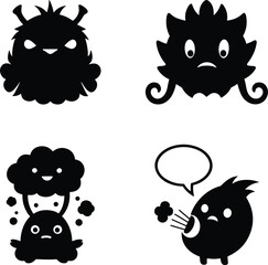 Cartoon monster silhouettes with expressive faces, furry, spiky, cloud burst, and speech bubble characters, creative fantasy illustration for storytelling, design, artwork