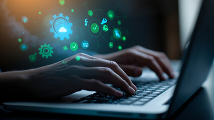 A person typing on a laptop keyboard with digital gears, wrenches, and green check marks symbolizes system configuration, software maintenance, automation, and successful technical operations.