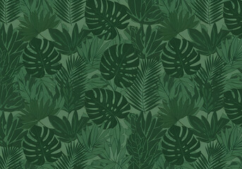 Fototapeta premium Lush green seamless pattern of tropical jungle leaves, featuring monstera and palm fronds for an exotic botanical background