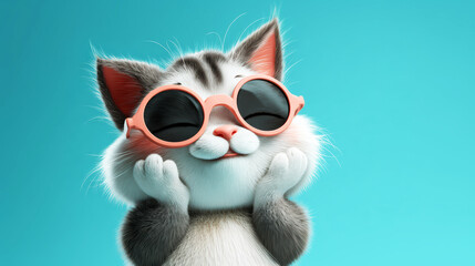 Cute Cat Wearing Sunglasses Smiles Happily Against a Bright Blue Background in a Cheerful Digital Artwork