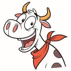 A cartoon cow with a red bandana around its neck smiles widely with big eyes and yellow horns on a white background